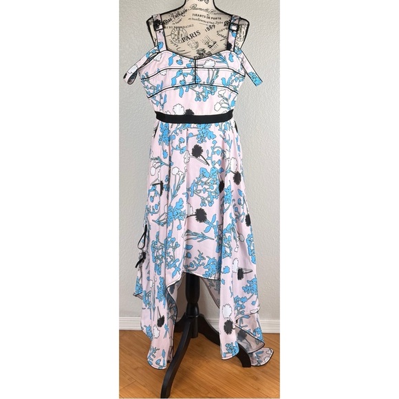 Self Portrait Asymmetric Pink Floral Print Midi A Line Dress, size 10 - Picture 4 of 14